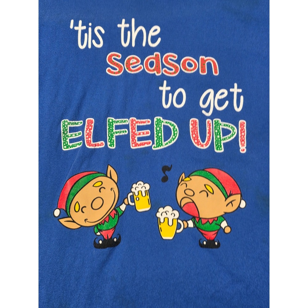 Village Bar Christmas Elfed Up Graphic T-Shirt Mens XL Blue Funny Beer Holiday - Picture 5 of 11